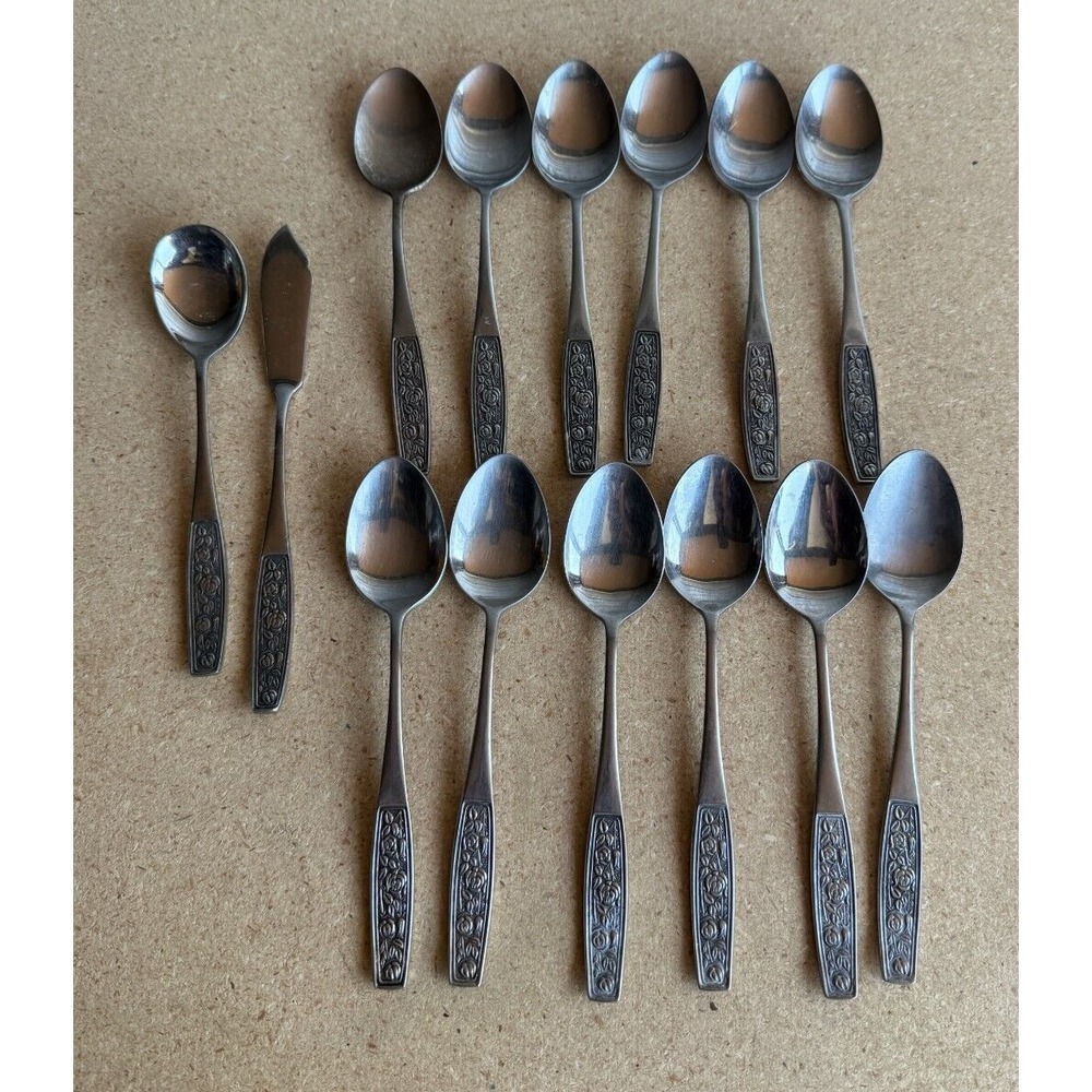 LOT of‎ 14 Interpur INR28 Stainless Flatware Embossed Roses Dinner SPOONS BUTTER